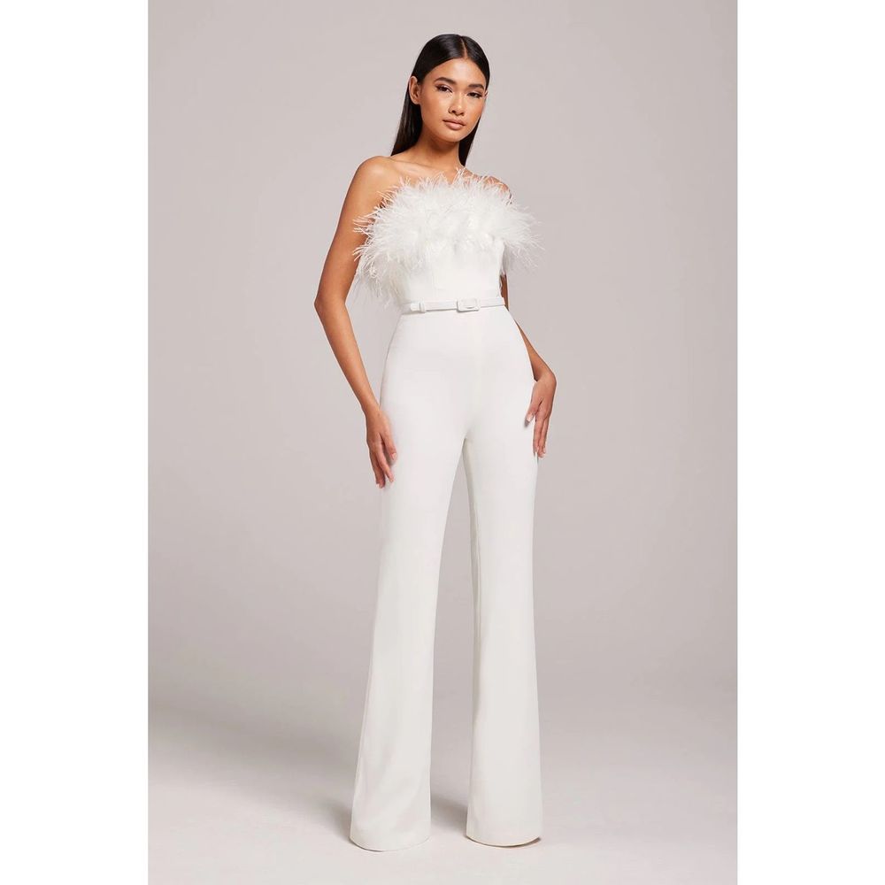 Nadine Merabi Jumpsuit White Colette Strapless Feathers New Size Small 6 - Picture 2 of 15